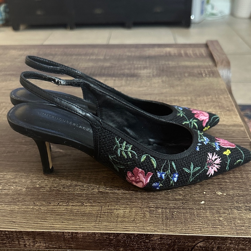 White House Black Market Black Heels with Floral Embroidery